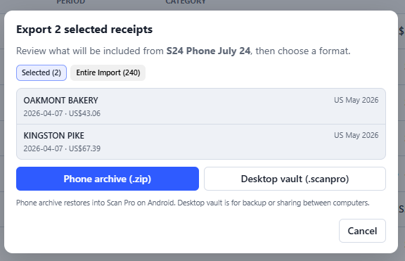 Export dialog in Scan Pro Desktop Companion showing phone archive and desktop vault options