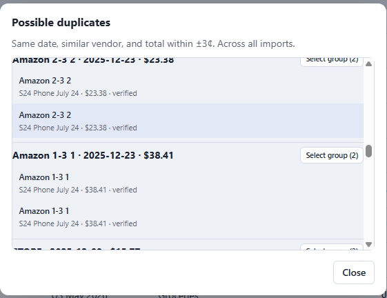 Possible duplicates dialog in Scan Pro Desktop Companion listing similar receipts