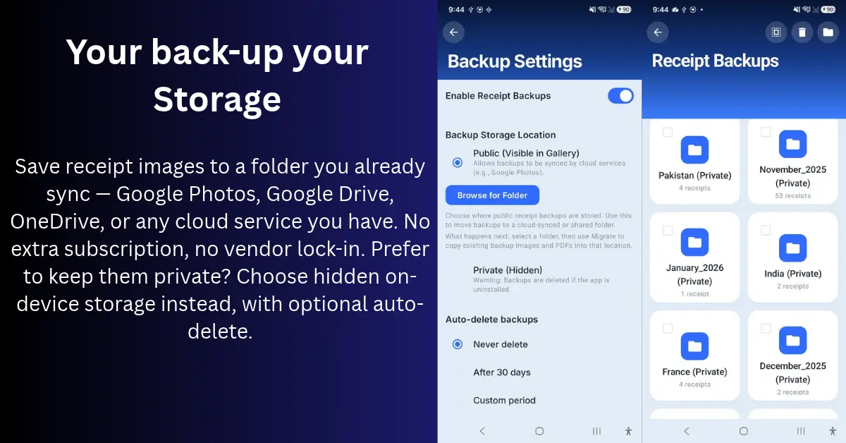 Backup settings with public or private storage and receipt backups organized by period