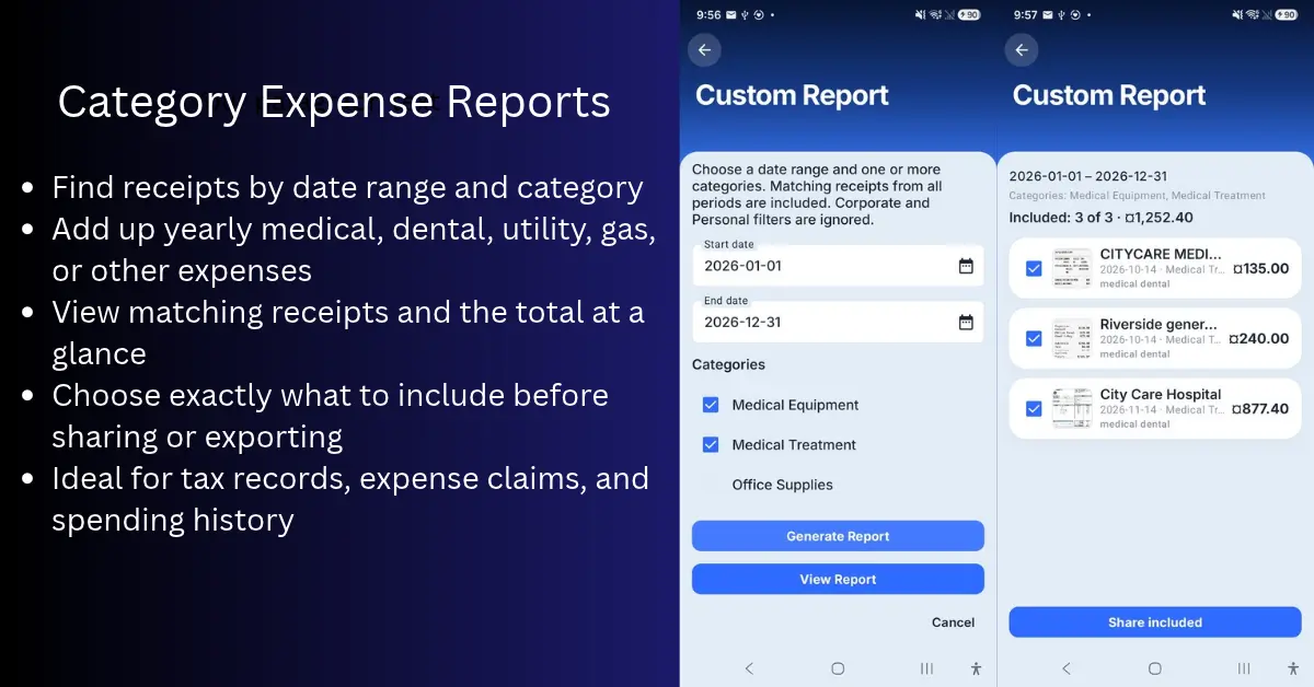 Category Expense Reports date, category, receipt review, and sharing workflow