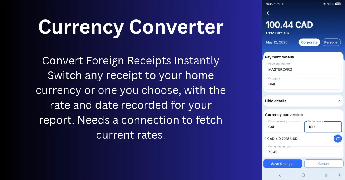 Currency conversion for a foreign receipt with rate and date recorded
