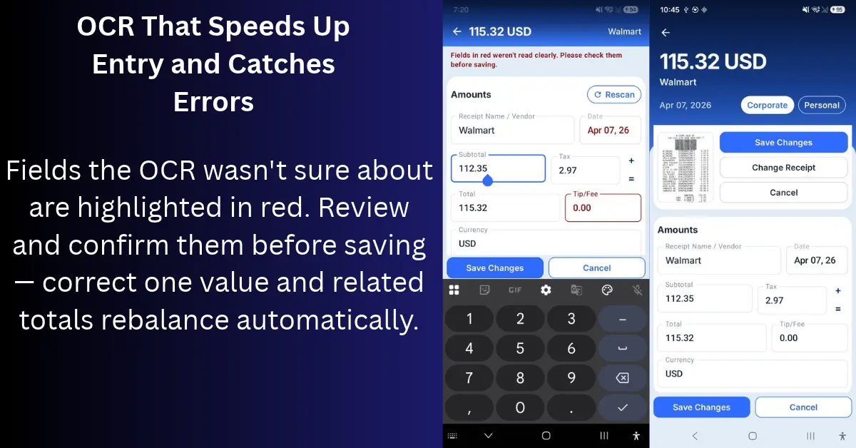 OCR-assisted receipt data entry with low-confidence fields highlighted for review