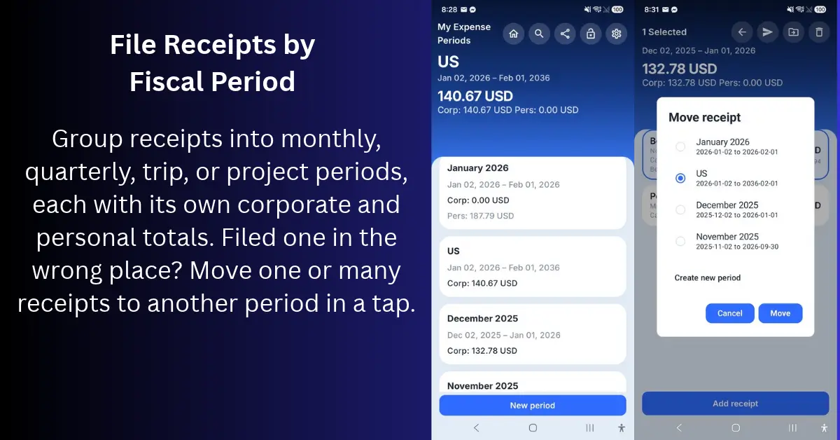 Fiscal period list with corporate and personal totals and the move receipt dialog