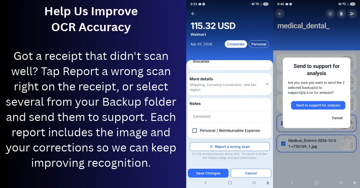 Report a wrong scan button and send to support for analysis dialog