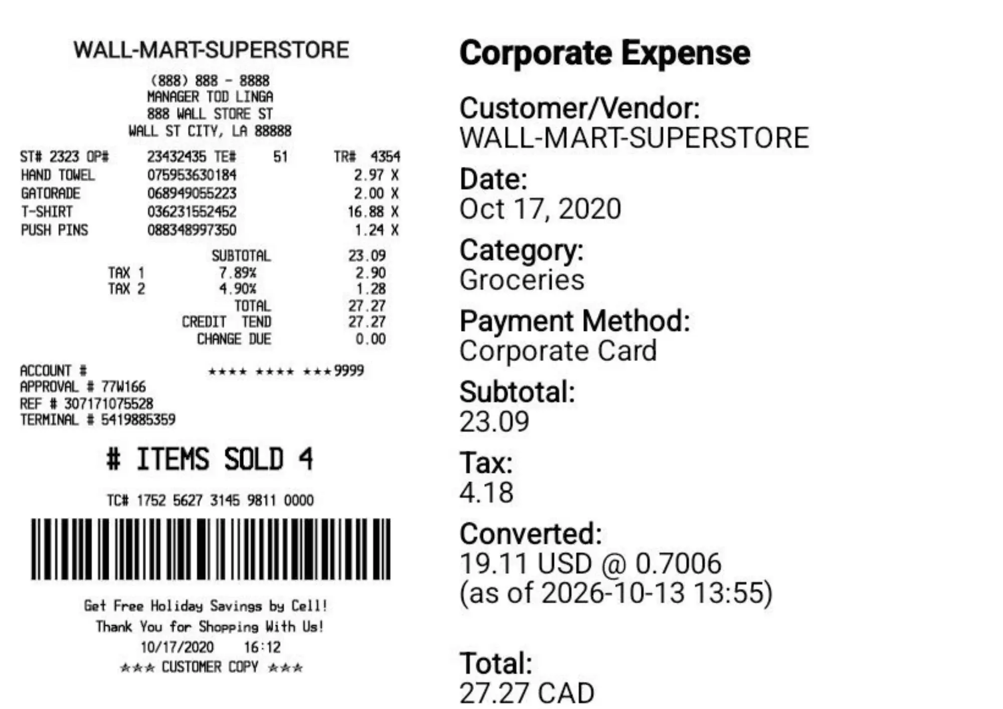 Corporate expense export showing receipt beside labeled expense fields