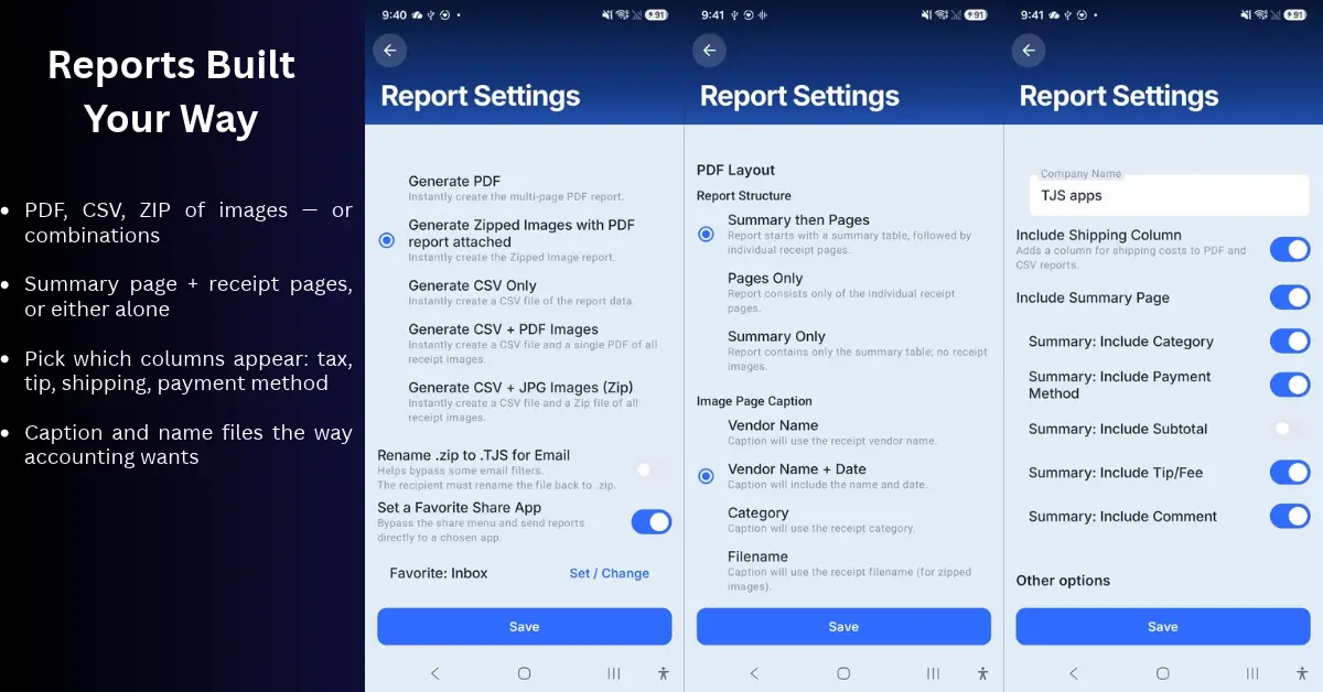 Report settings for format, structure, captions, and summary columns